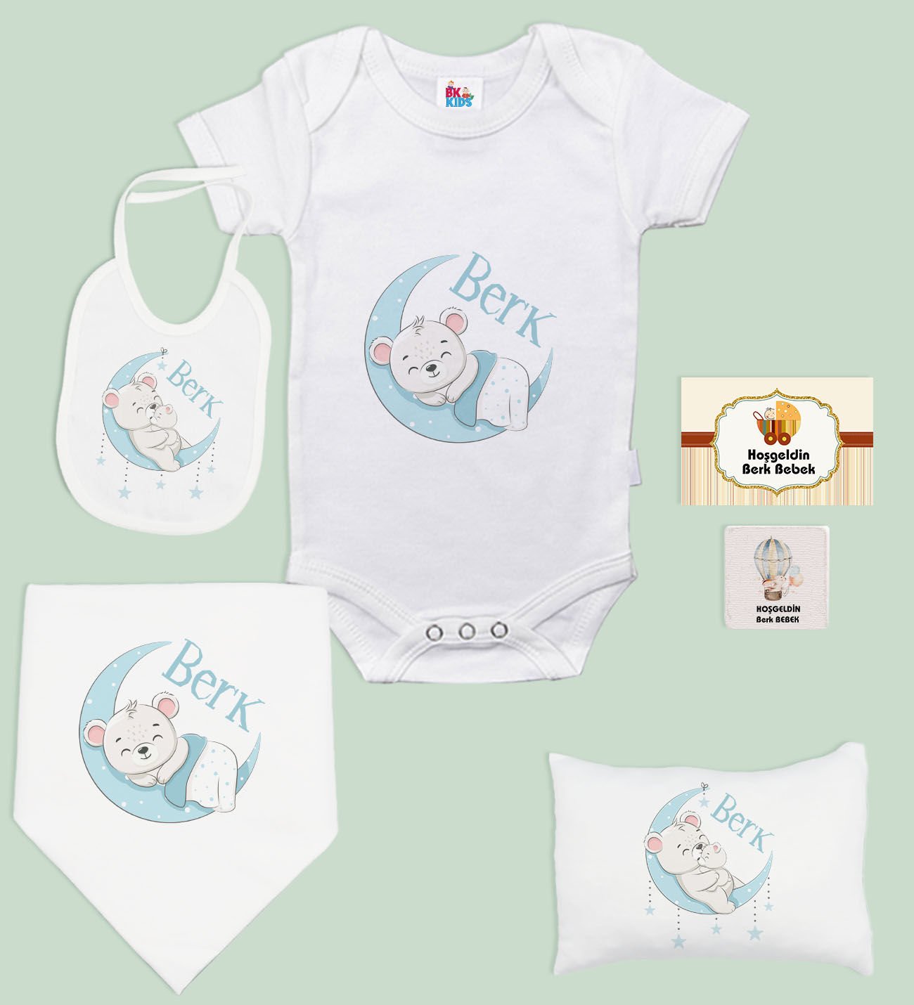 BK Kids Kişiye Özel İsimli 6 Parça Bebek Body Zıbın Battaniye ve Yastık Hediye Seti, Yeni Doğan Bebek Giyim Hediyesi-6