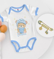 BK Kids Kişiye Özel İsimli Mavi Bebek Body Zıbın ve Erkek Bebek İğnesi Hediye Seti-7