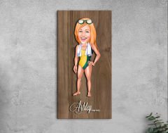 BK Gift Kişiye Özel Kadın Yüzücü Karikatürlü Kabartma Figürlü Ahşap Tablo-1 Arkadaşa Hediye, Sevgiliye Hediye, Duvar Dekoru