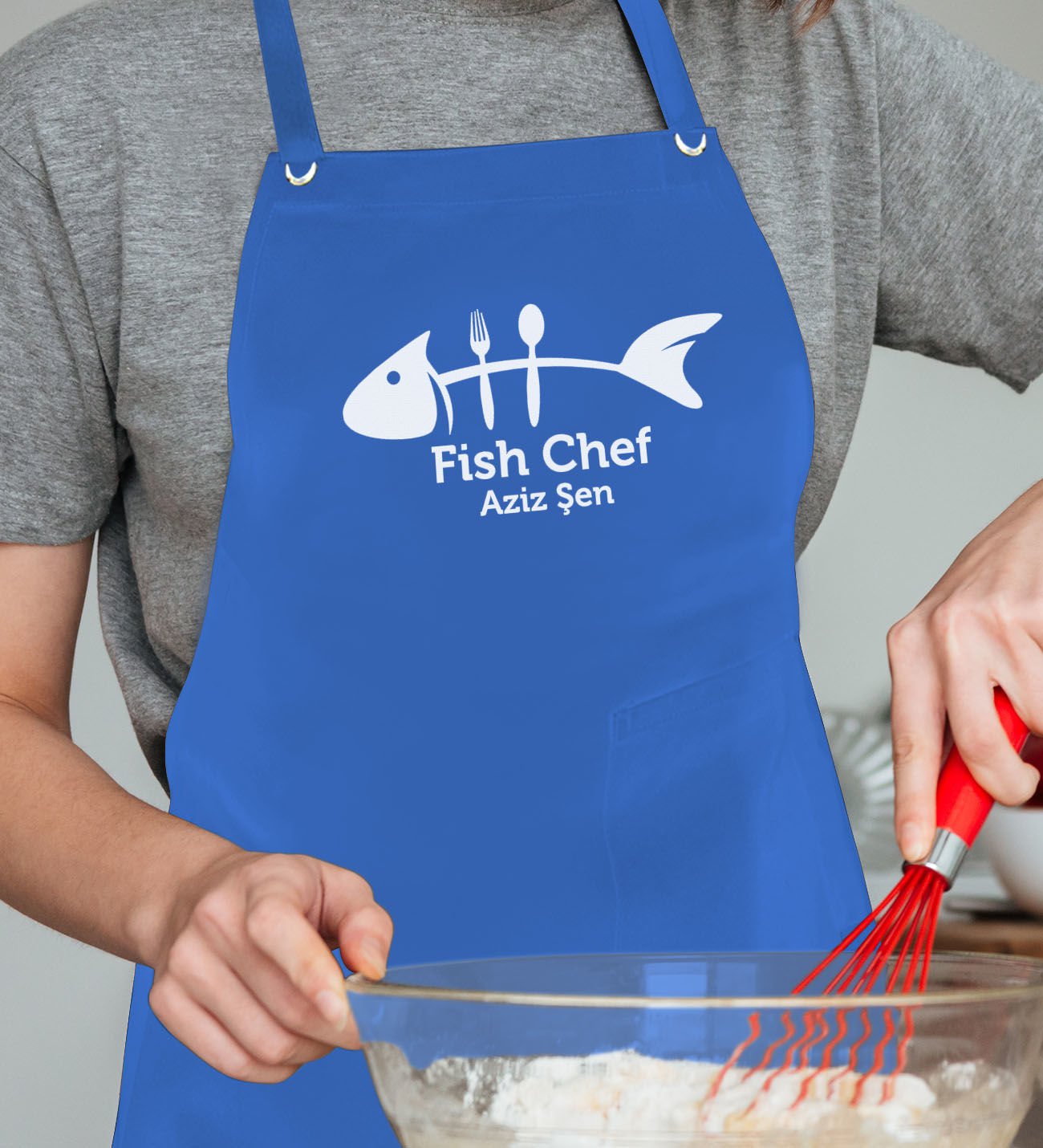 BK Gift Kişiye Özel Balık Şef Mavi Profosyonel Önlük - 1, Aşçı Önlüğü, Şef Önlüğü, Babaya Hediye