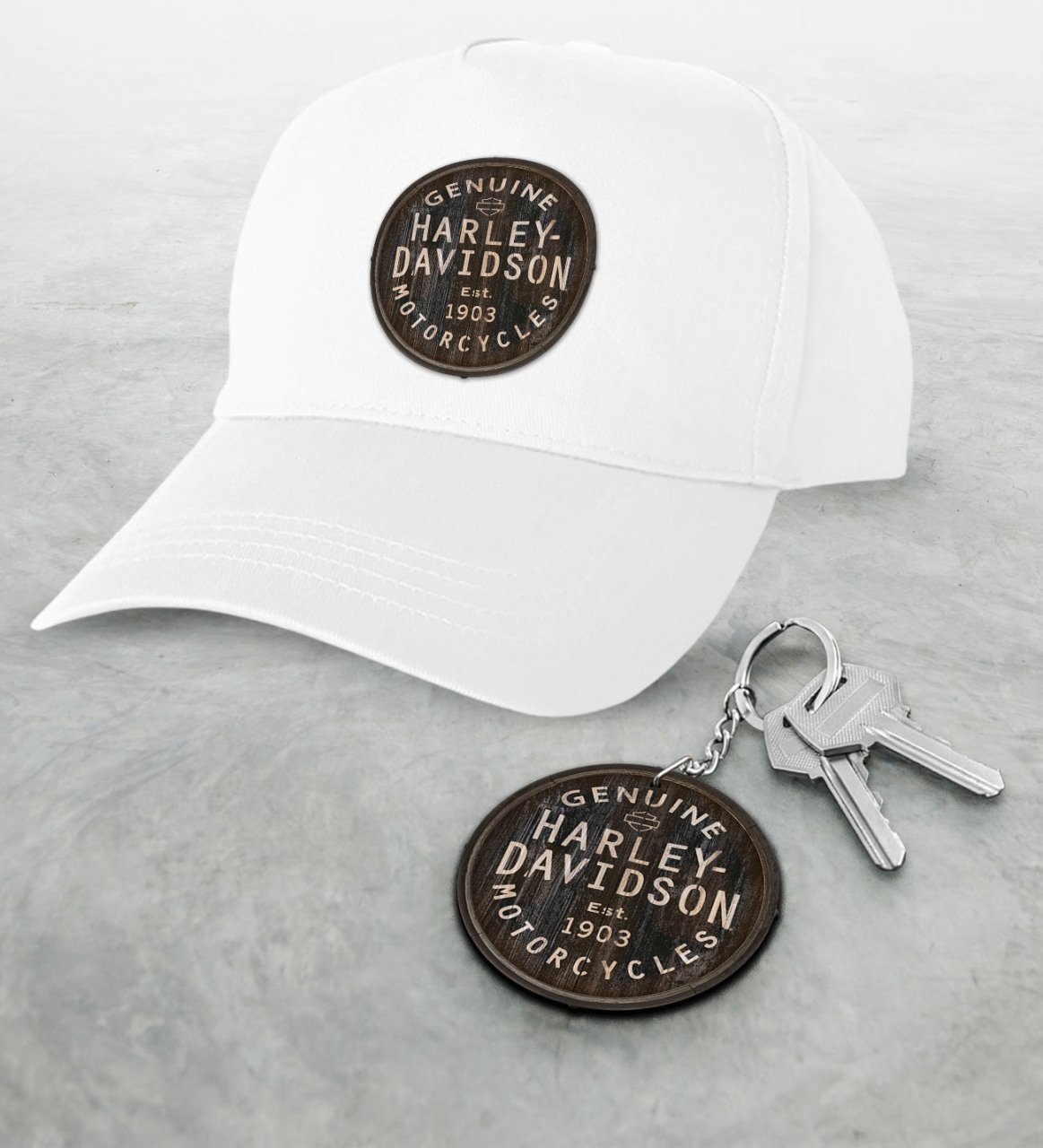 Harley Davidson Beyaz Şapka ve Ahşap Anahtarlık Seti-6