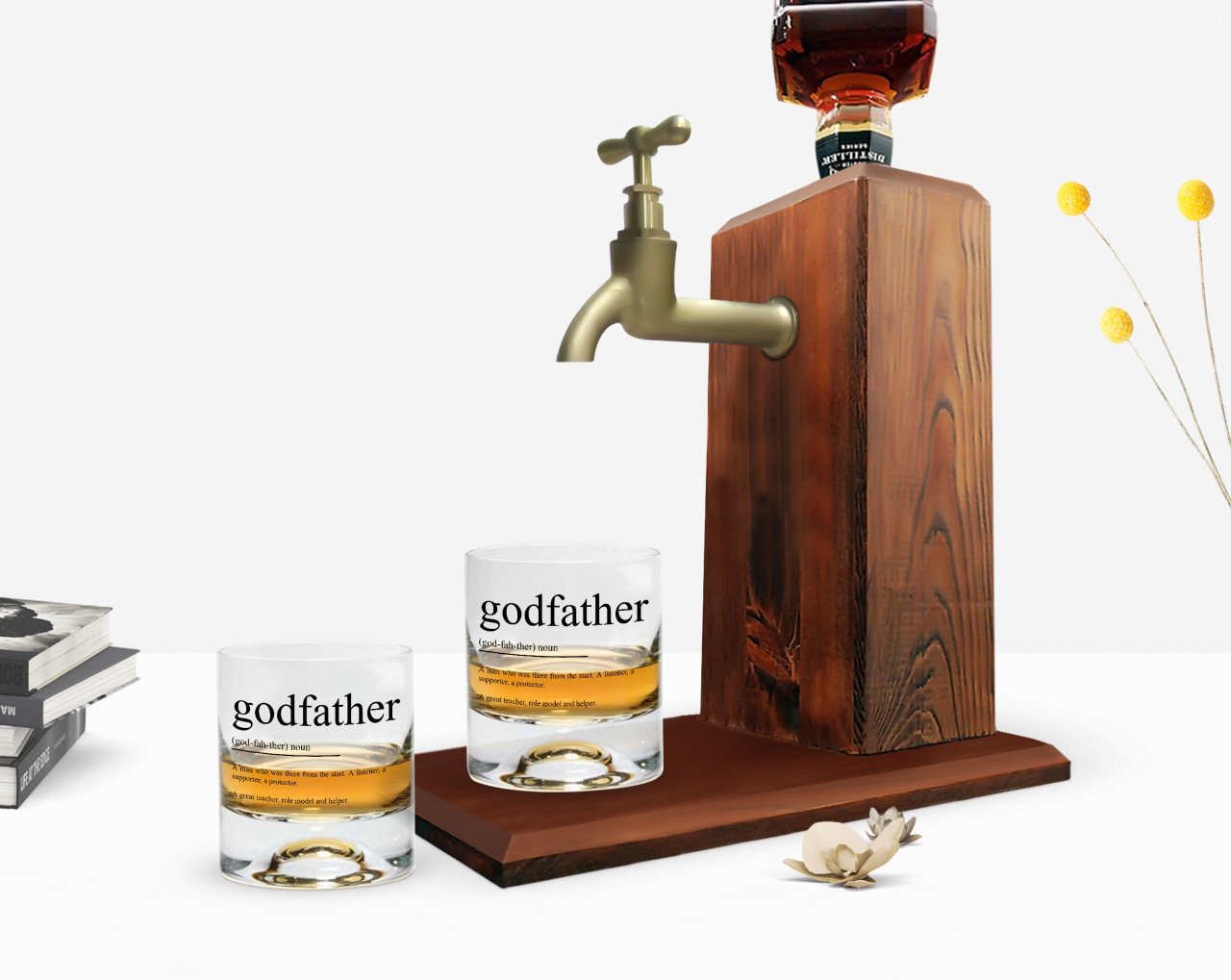 BK Home Renkli Baskılı Godfather Baba Tasarımlı İkili Viski Bardağı ve Ahşap Viski Standı Hediye Seti-14