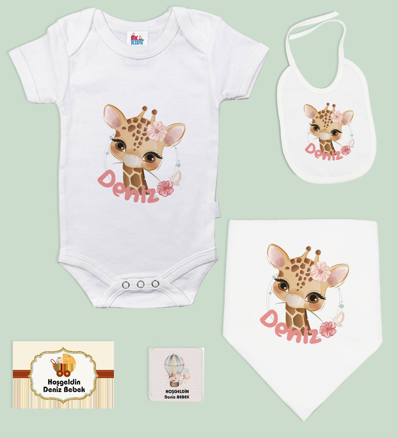 BK Kids Kişiye Özel İsimli 5 Parça Beyaz Bebek Body Zıbın ve Battaniye Hediye Seti, Yeni Doğan Bebek Giyim Hediyesi-9