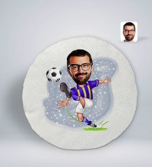 Kişiye Özel Erkek Sarı Lacivert Futbolcu Karikatürlü Yuvarlak Araç Koltuk Yastığı-1