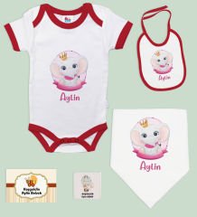 BK Kids Kişiye Özel İsimli 5 Parça Kırmızı Bebek Body Zıbın ve Battaniye Hediye Seti, Yeni Doğan Bebek Giyim Hediyesi-4