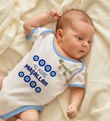 BK Kids Kişiye Özel Maşallah Tasarımlı Mavi Bebek Body Zıbın ve Erkek Bebek İğnesi Hediye Seti-2