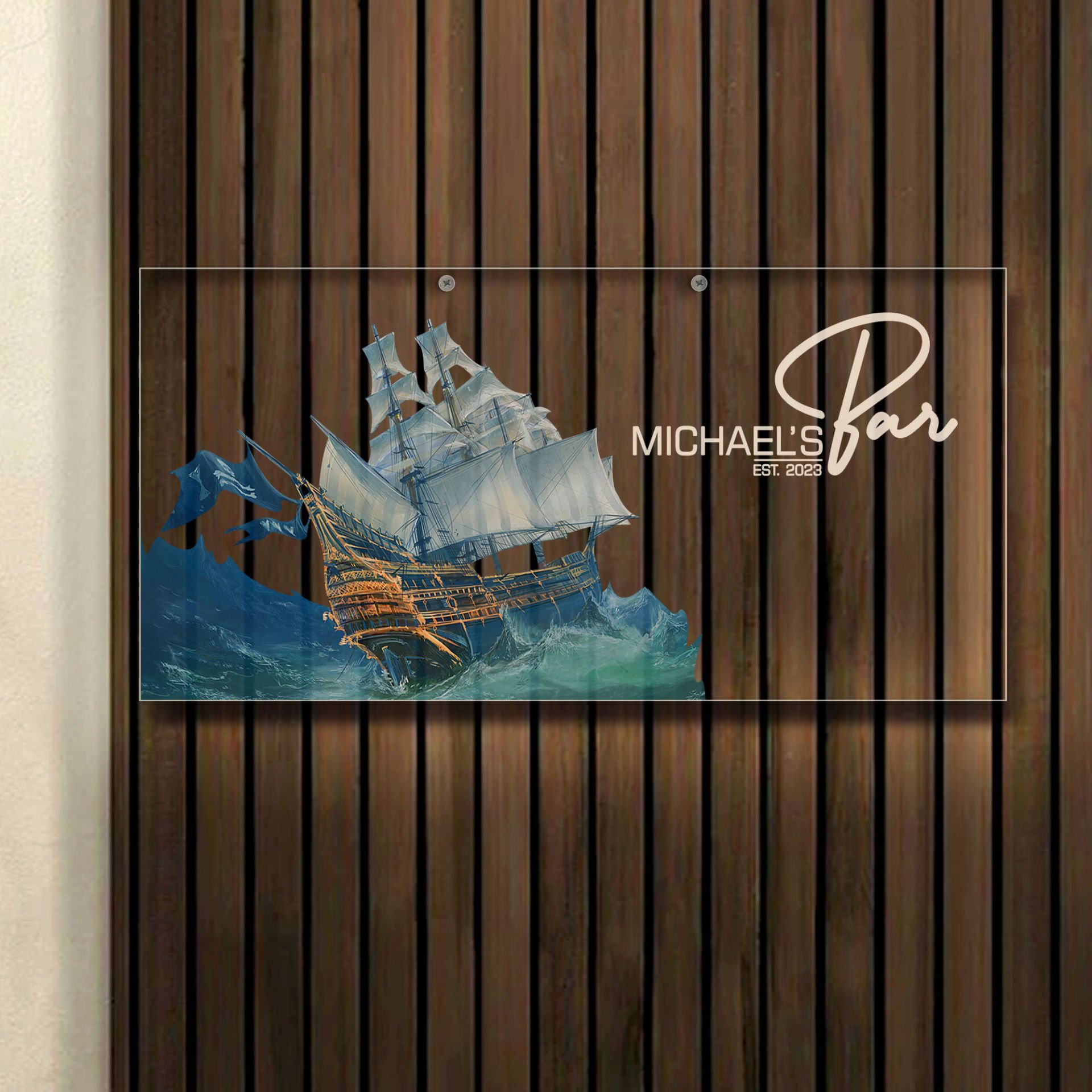BK Gift Kişiye Özel Gemi Tasarımlı Akrilik Bar Tabelası(38x19cm)-4, Home Bar Tabela, Duvar Dekoru