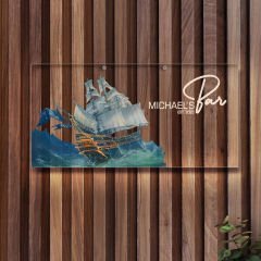 BK Gift Kişiye Özel Gemi Tasarımlı Akrilik Bar Tabelası(38x19cm)-4, Home Bar Tabela, Duvar Dekoru