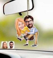 Kişiye Özel Sevgililer Karikatürlü Ahşap Araba Dikiz Ayna Süsü-102