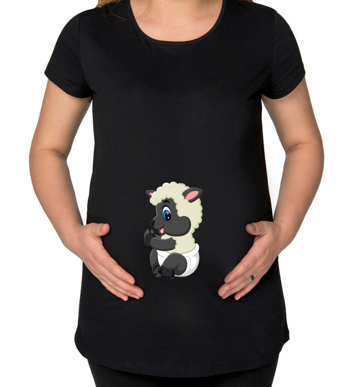 BK Gift Bebek Koyun Tasarımlı Siyah Hamile Tişört-1