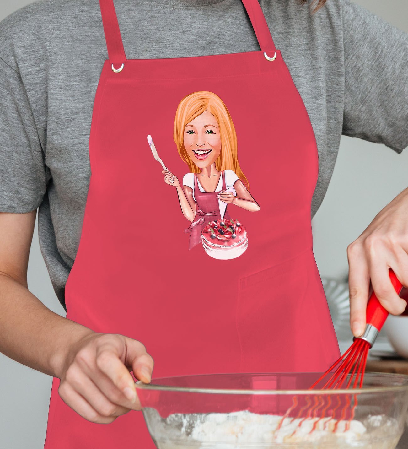 BK Gift Kişiye Özel Kadın Aşçı Karikatürlü Profesyonel Kırmızı Mutfak Önlüğü, Aşçı Önlüğü, Şef Önlüğü, Arkadaşa Hediye-1
