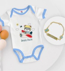 BK Kids Kişiye Özel Sevimli Pilot Tasarımlı Mavi Bebek Body Zıbın ve Erkek Bebek Künyesi Hediye Seti-1