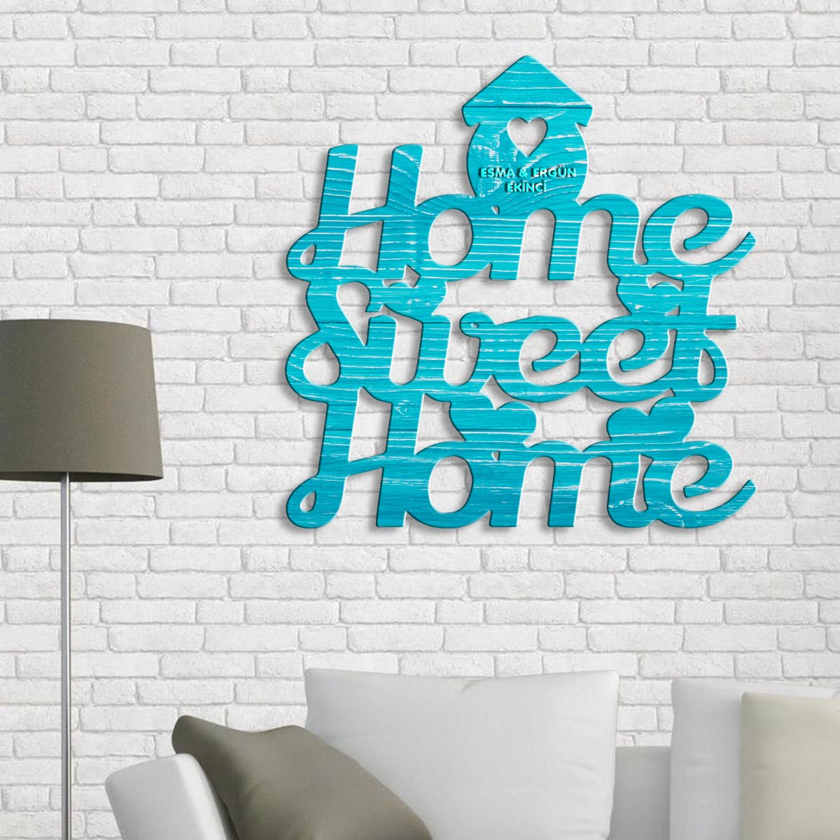 Kişiye Özel Home Sweet Home Mavi Renk Dokulu Ahşap Duvar Yazısı - 2