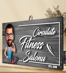 BK Gift Kişiye Özel Fitness Salonu Karikatürlü Gri Dekoratif Ahşap Tabela