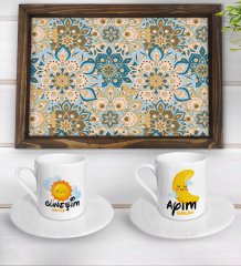 Kişiye Özel Güneşim ve Ayım Tasarımlı 2'li Kahve Fincan Seti ve Doğal Ahşap Tepsi-2