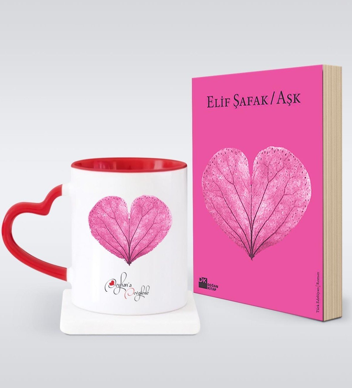 Kişiye Özel Elif Şafak Aşk Kitabı & Kırmızı Kalpli Kupa Hediye Seti