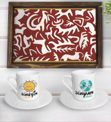 Kişiye Özel Güneşim ve Dünyam Tasarımlı 2'li Kahve Fincan Seti ve Doğal Ahşap Tepsi-2