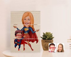 Kişiye Özel Anneler Günü Temalı Süper Anne ve Çocuk Karikatürlü Otantik Masaüstü Ahşap Palet Çerçeve-1