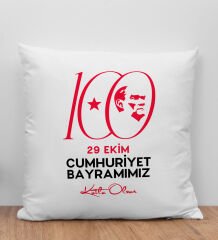 BK Gift 29 Ekim Tasarımlı Beyaz Kırlent Yastık-3 29 Ekim Hediyesi, Trend Yastık, 100.Yıl Hediyesi