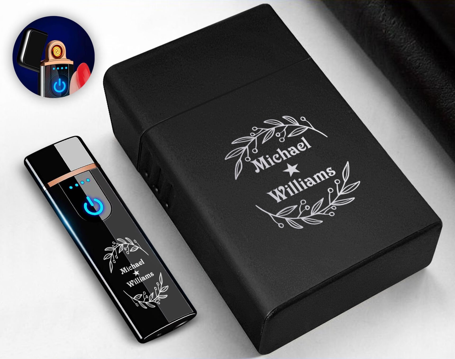 BK Gift Kişiye Özel Siyah Sigara Tabakası ve Elektronik Dokunmatik Alevsiz Şarjlı Çakmak Hediye Seti-2, Metal Sigara Tabakası, Elektronik Çakmak
