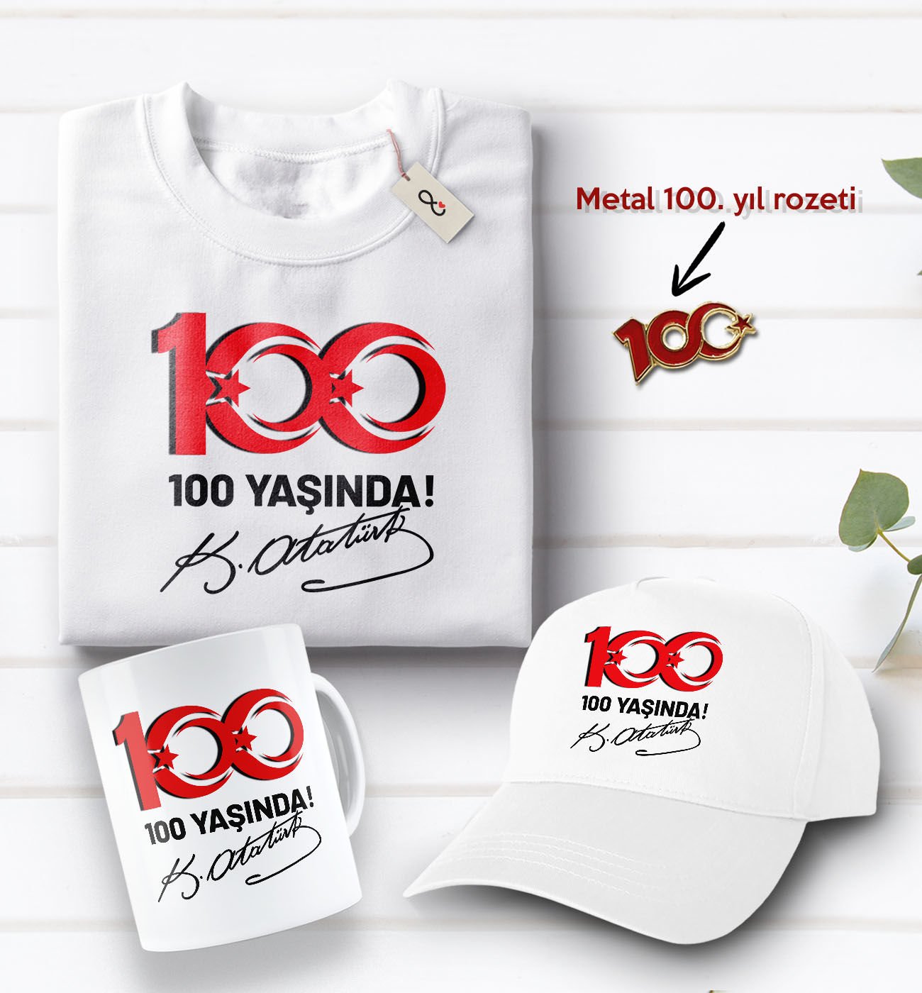 BK Gift 100. Yıl Hatırası Beyaz Tişört, Kupa Bardak, Şapka ve Metal Rozet Hediye Seti-2, 29 Ekim Hediyesi, Cumhuriyet Bayramı, 100.Yıl Hediyesi