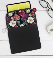 BK Gift Çiçekler Tasarımlı Taşınabilir Koruyucu Tablet Kılıfı & Organizer Çanta - Siyah-2