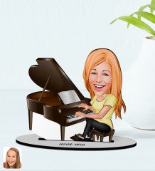 Kişiye Özel Kadın Müzik Öğretmeni Karikatürlü Ahşap Biblo Model-1