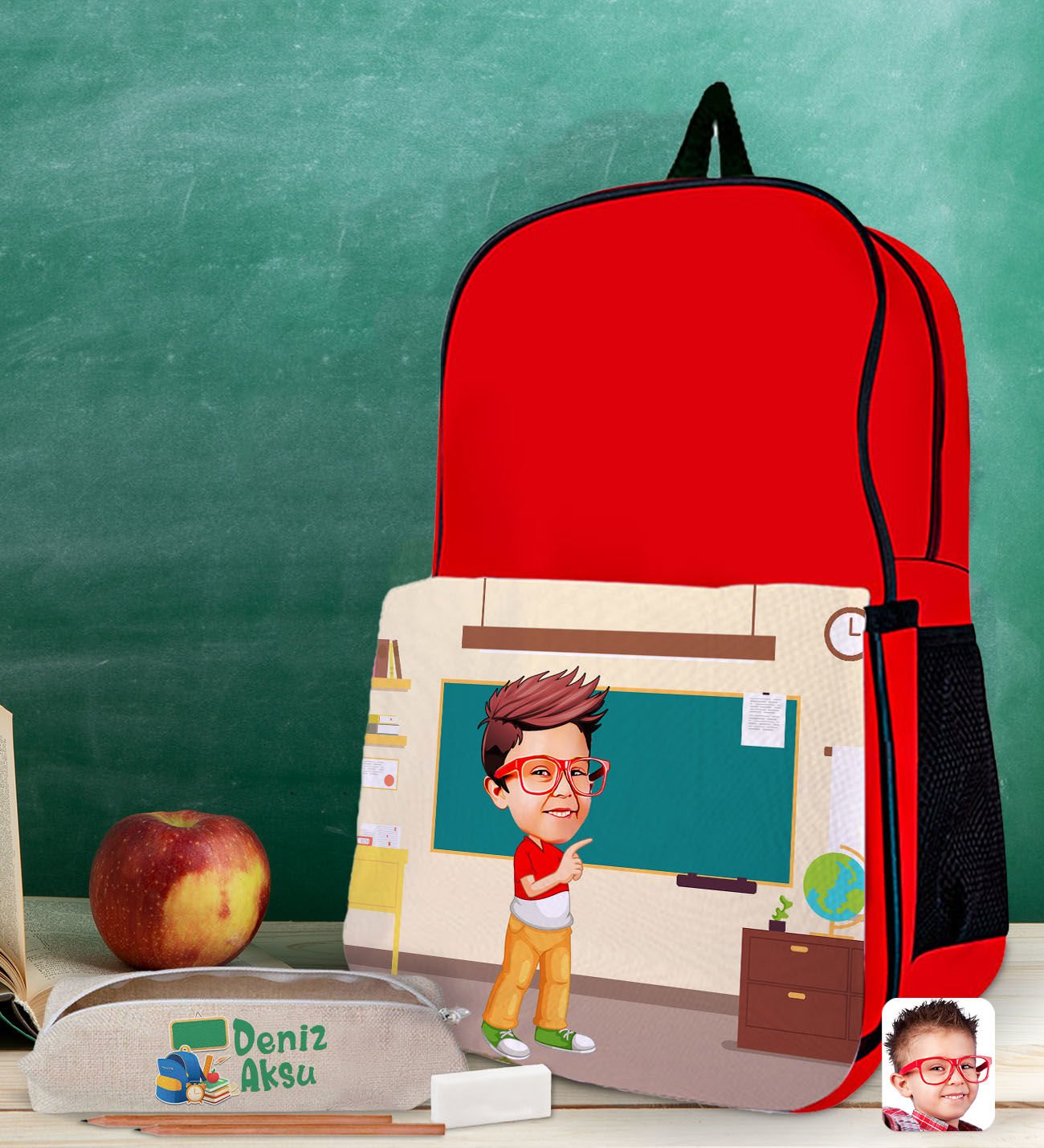BK Gift Kişiye Özel Erkek Öğrenci Karikatürlü Kırmızı Okul Çantası ve Kalemlik Hediye Seti-3