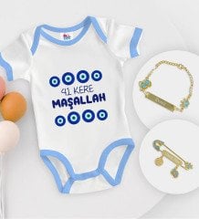 BK Kids Kişiye Özel Maşallah Tasarımlı Mavi Bebek Body Zıbın Erkek Bebek Künyesi ve İğnesi Hediye Seti-2