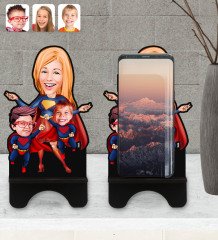 Kişiye Özel Süper Anne ve Süper Çocuklar Karikatürlü Ahşap Biblo Telefon Standı-1