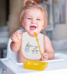BK Kids Kişiye Özel Her Şeyin Başı Süt Tasarımlı Pembe Bebek Body Zıbın ve Mama Önlüğü Hediye Seti