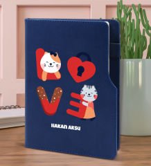 BK Gift Kişiye Özel Love Tasarımlı Lacivert Termo Deri Not Defteri 15x21cm-1