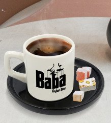 Kişiye Özel Siyah Sunum Tabaklı Baba Godfather Tasarımlı Türk Kahvesi Fincanı Model 5