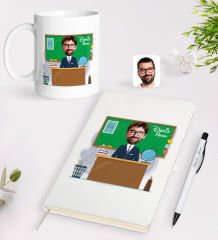 BK Gift Kişiye Özel Coğrafya Öğretmeni Karikatürlü Beyaz Defter Kalem Kupa Seti - 2