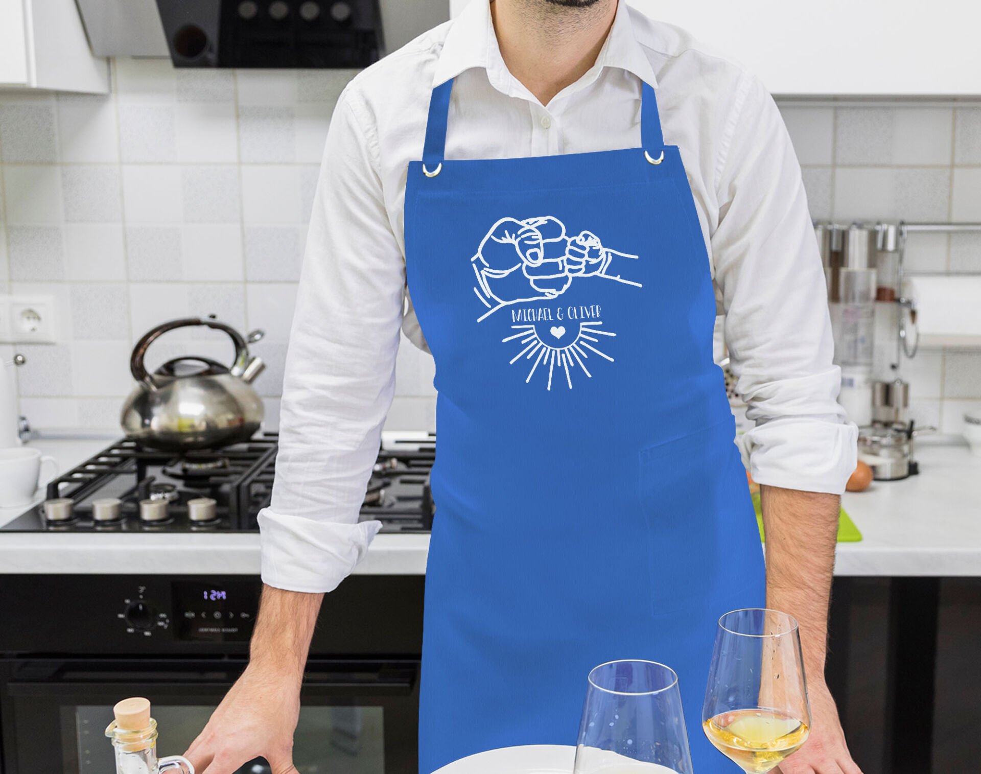 BK Gift Kişiye Özel İsimli Babalar Günü Tasarımlı Profesyonel Mavi Mutfak Önlüğü-9, Aşçı Önlüğü, Şef Önlüğü, Babaya Hediye