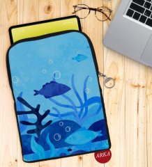 BK Gift Balıklar Tasarımlı Taşınabilir Koruyucu Tablet Kılıfı & Organizer Çanta - Siyah-1