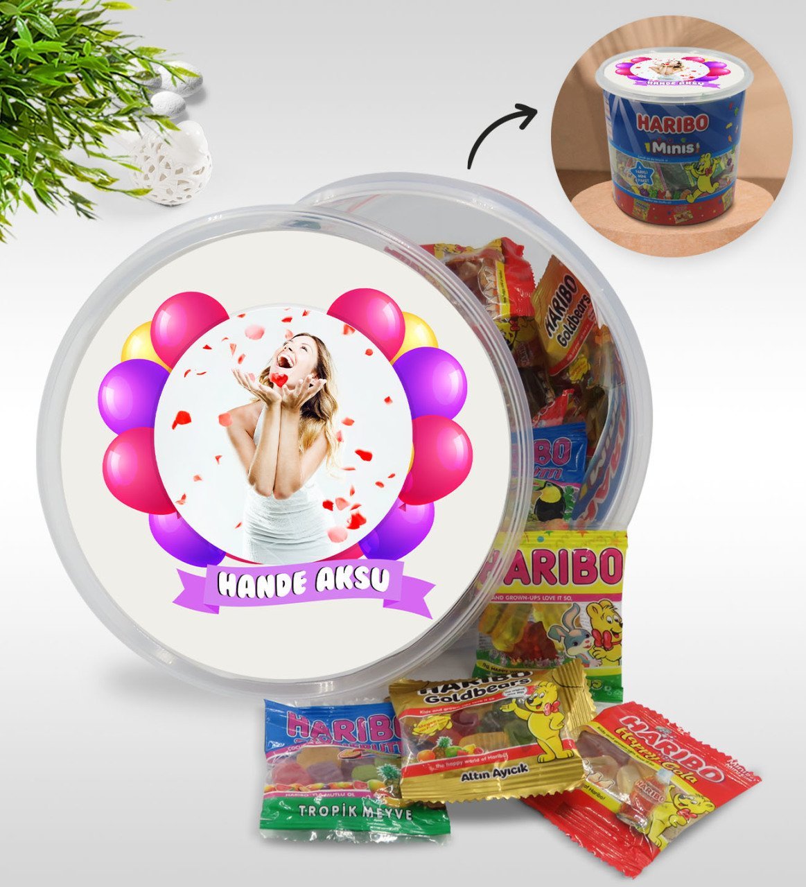 Kişiye Özel İsimli Fotoğraflı Doğum Günü Tasarımlı Dev Boy Haribo Minis Kovası (10gx100adet) Model 7