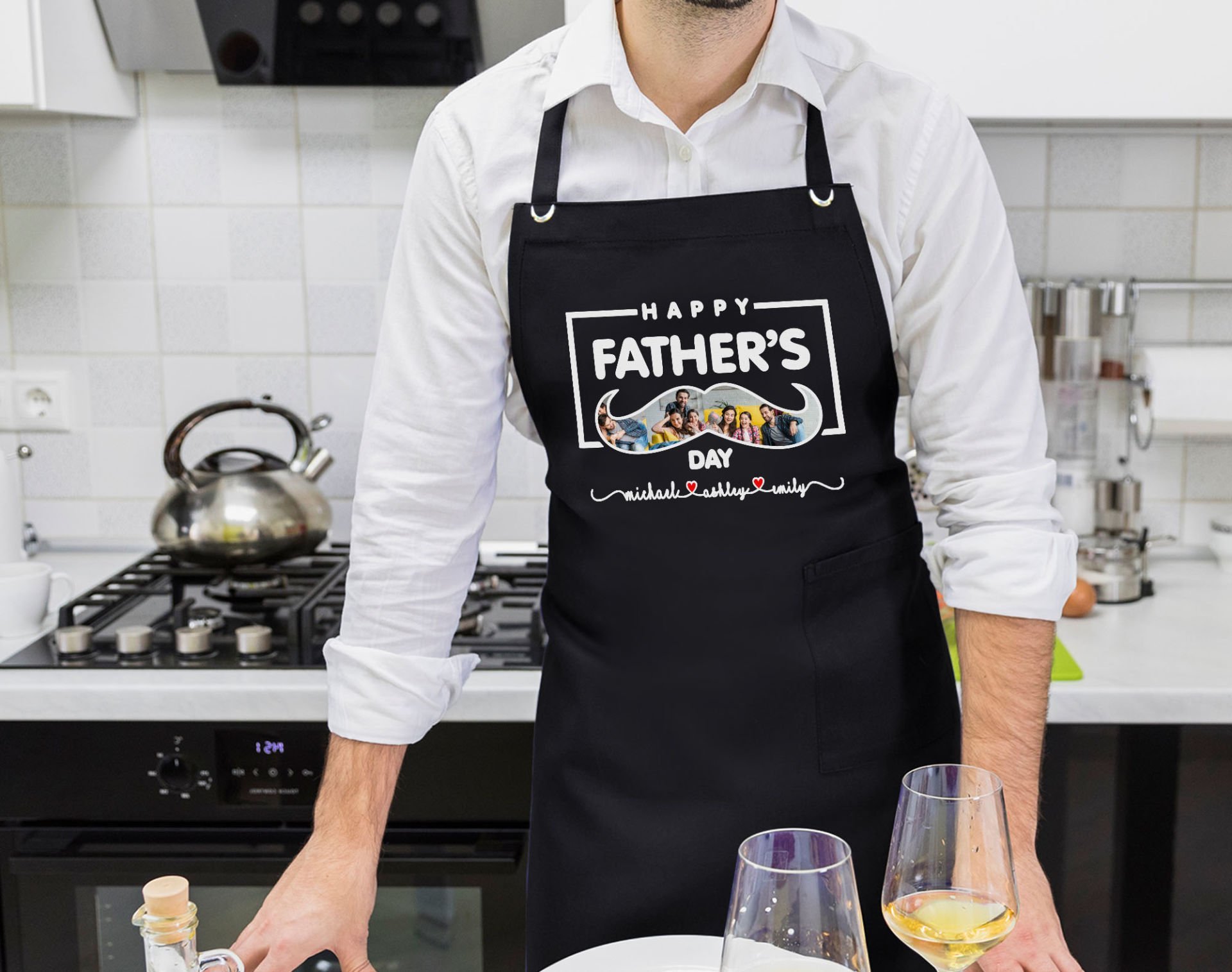 BK Gift Kişiye Özel İsimli Fotoğraflı Babalar Günü Tasarımlı Profesyonel Siyah Mutfak Önlüğü-2, Aşçı Önlüğü, Şef Önlüğü, Babaya Hediye
