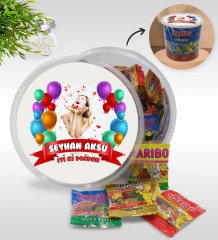 Kişiye Özel İsimli Fotoğraflı Doğum Günü Tasarımlı Dev Boy Haribo Minis Kovası (10gx100adet) Model 14