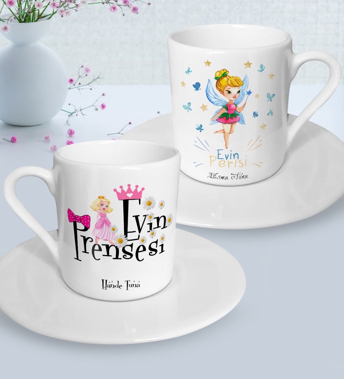 Kişiye Özel Anneler Günü Temalı Evin Prensesi ve Evin Perisi Tasarımlı İkili Türk Kahvesi Fincanı Seti-1