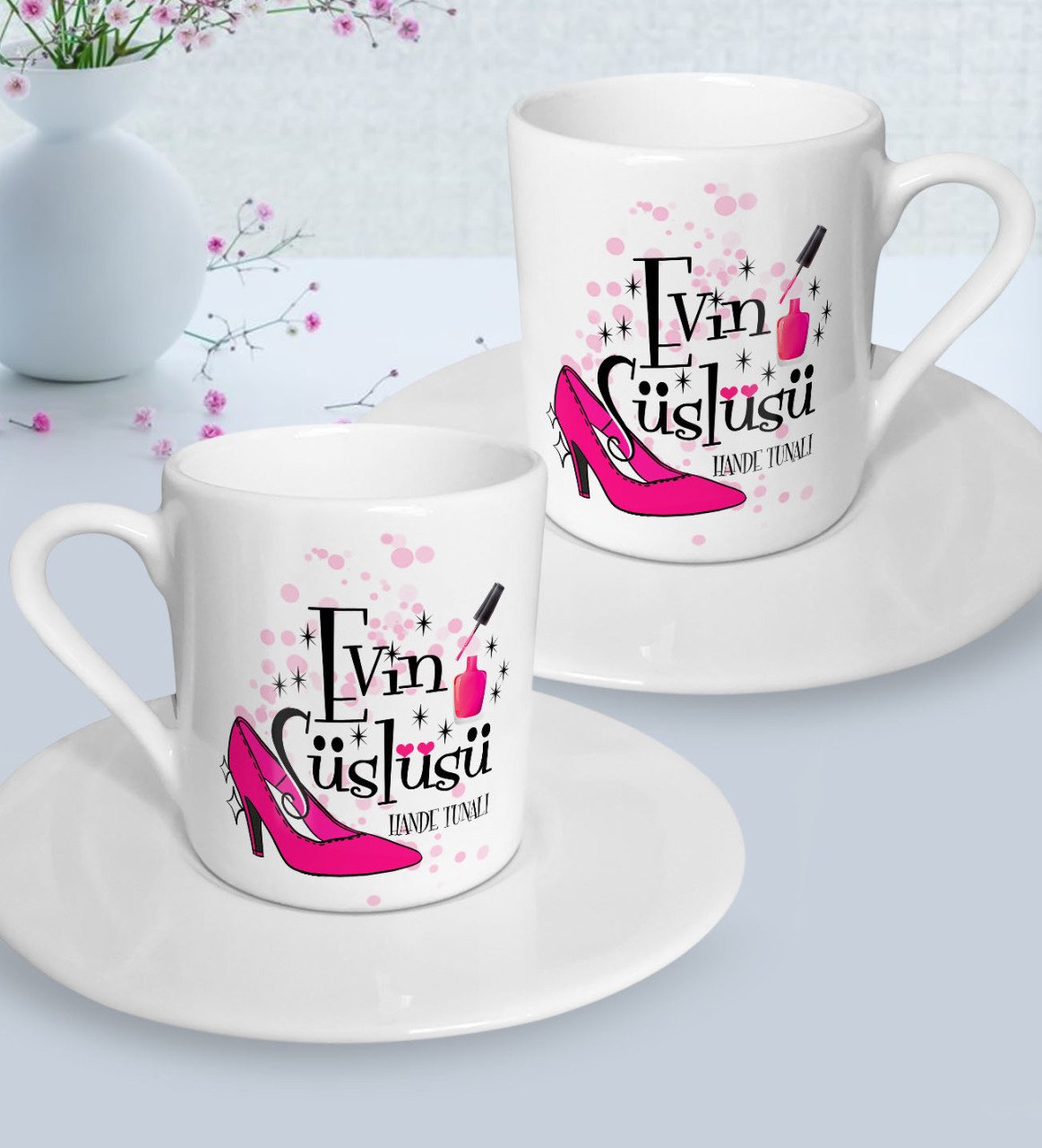 Kişiye Özel Anneler Günü Temalı Evin Süslüsü Tasarımlı İkili Türk Kahvesi Fincanı Seti-1