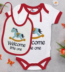 BK Kids Welcome Little One Tasarımlı Kırmızı Bebek Body Zıbın ve Mama Önlüğü Hediye Seti-1