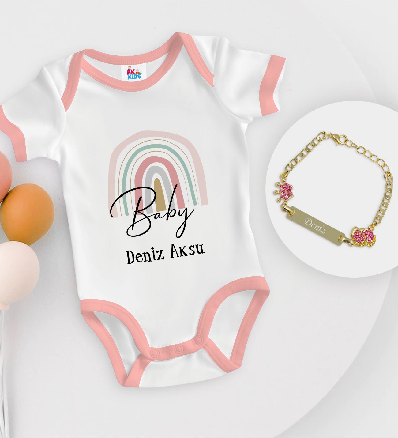 BK Kids Kişiye Özel Harfli İsimli Pembe Bebek Body Zıbın ve Kız Bebek Künyesi Hediye Seti-3