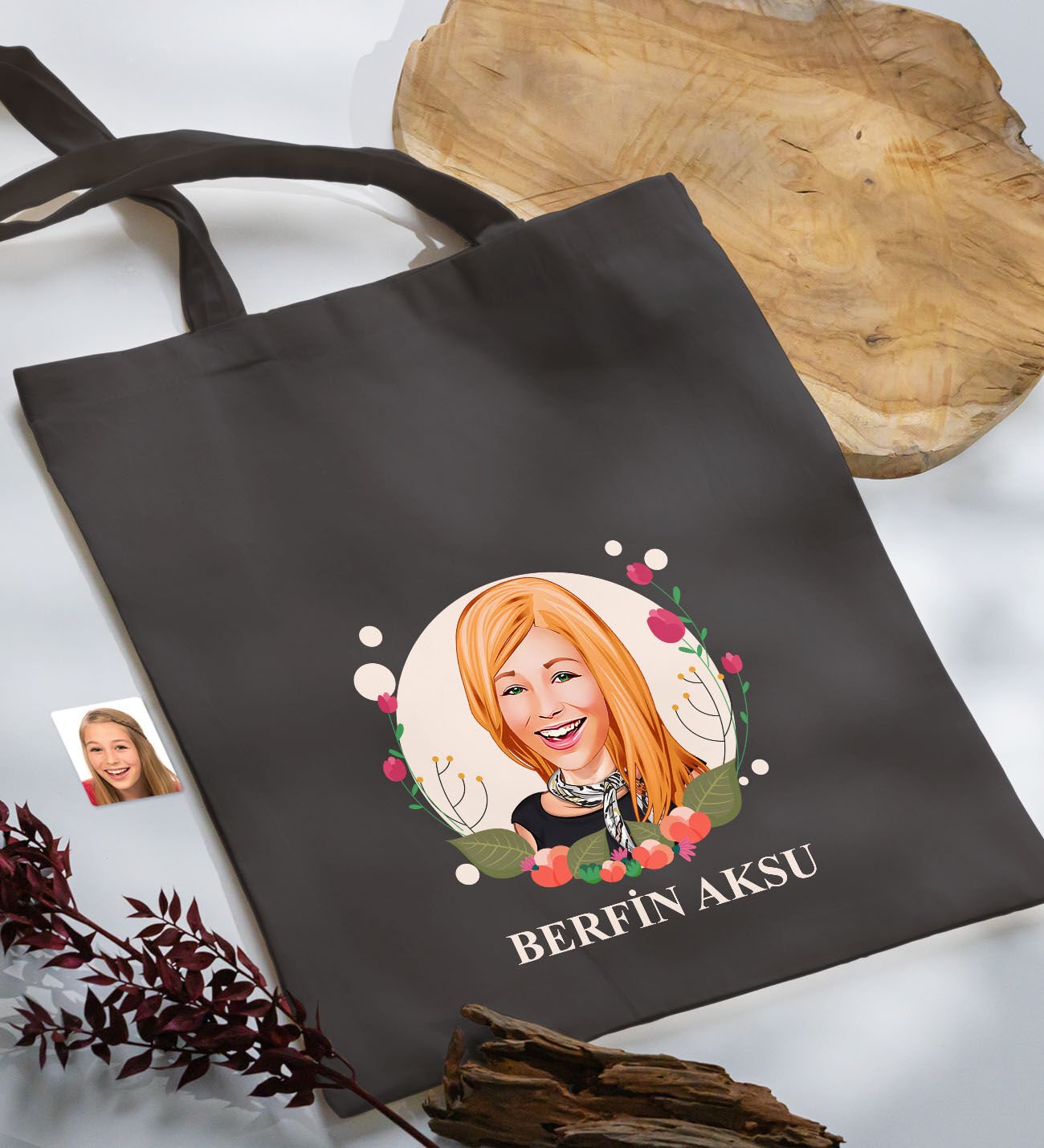 BK Gift Kişiye Özel Anneler Günü Karikatürlü Antrasit  Kumaş Bez Çanta, Baskılı Omuz Çantası, Alışveriş Çantası, Anneye Hediye-1