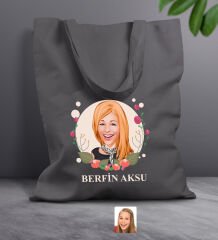 BK Gift Kişiye Özel Anneler Günü Karikatürlü Antrasit  Kumaş Bez Çanta, Baskılı Omuz Çantası, Alışveriş Çantası, Anneye Hediye-1