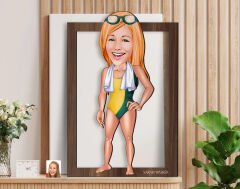 BK Gift Kişiye Özel Kadın Yüzücü Karikatürlü 3D Ahşap Tablo-1, Sevgiliye Hediye, Arkadaşa Hediye, Doğum Günü Hediyesi
