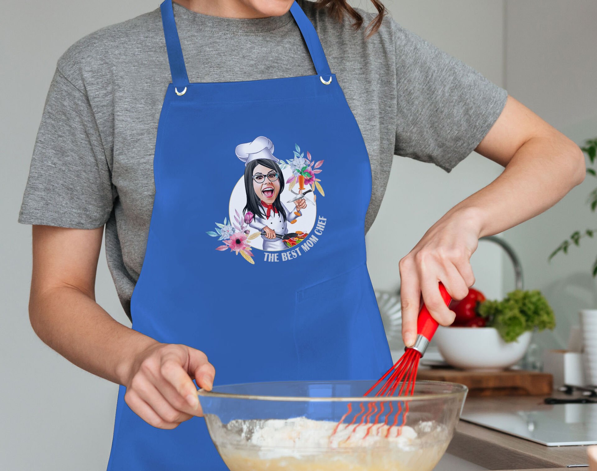 BK Gift Kişiye Özel Anneler Günü Karikatürlü Profesyonel Mavi Mutfak Önlüğü, Aşçı Önlüğü, Şef Önlüğü, Arkadaşa Hediye-6