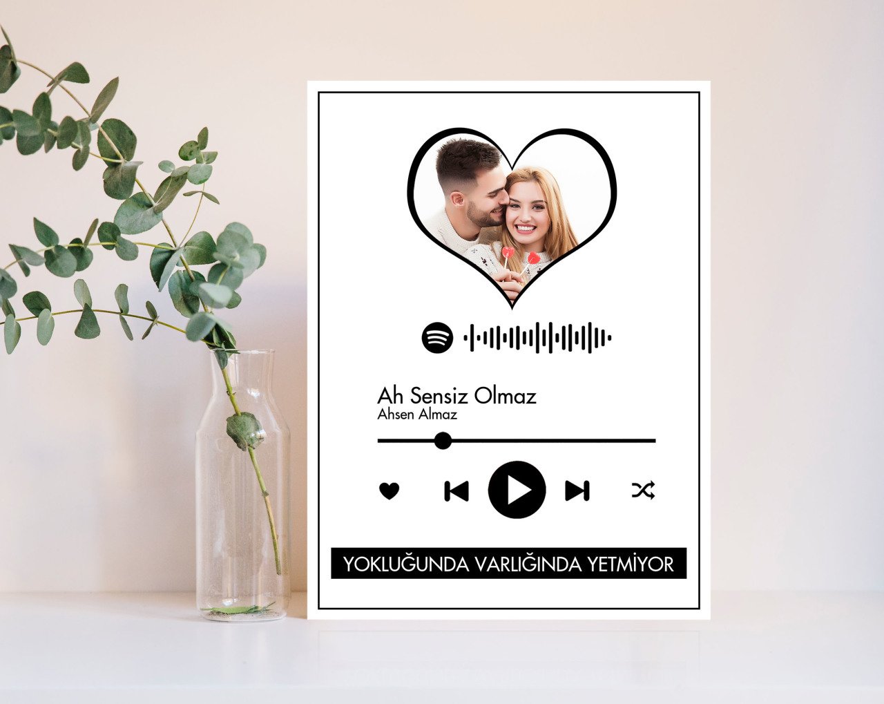 Kişiye Özel Fotoğraflı Spotify Kodlu Yokluğunda Varlığında Yetmiyor Mesajlı Ahşap Tablo