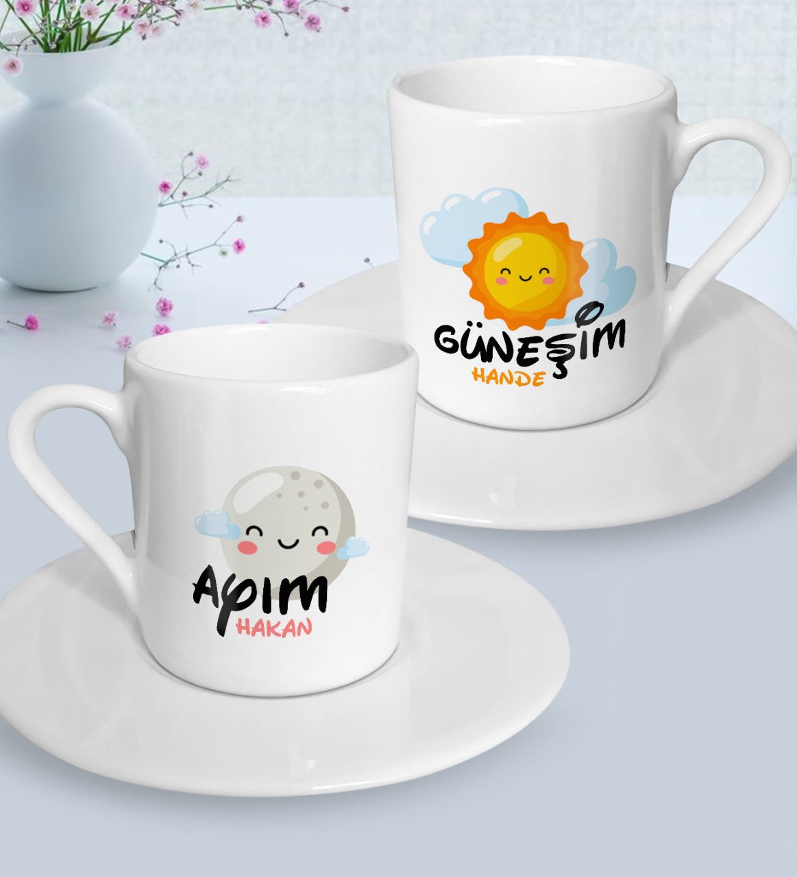 Kişiye Özel Güneşim ve Ayım İkili Türk Kahvesi Fincanı Seti-1