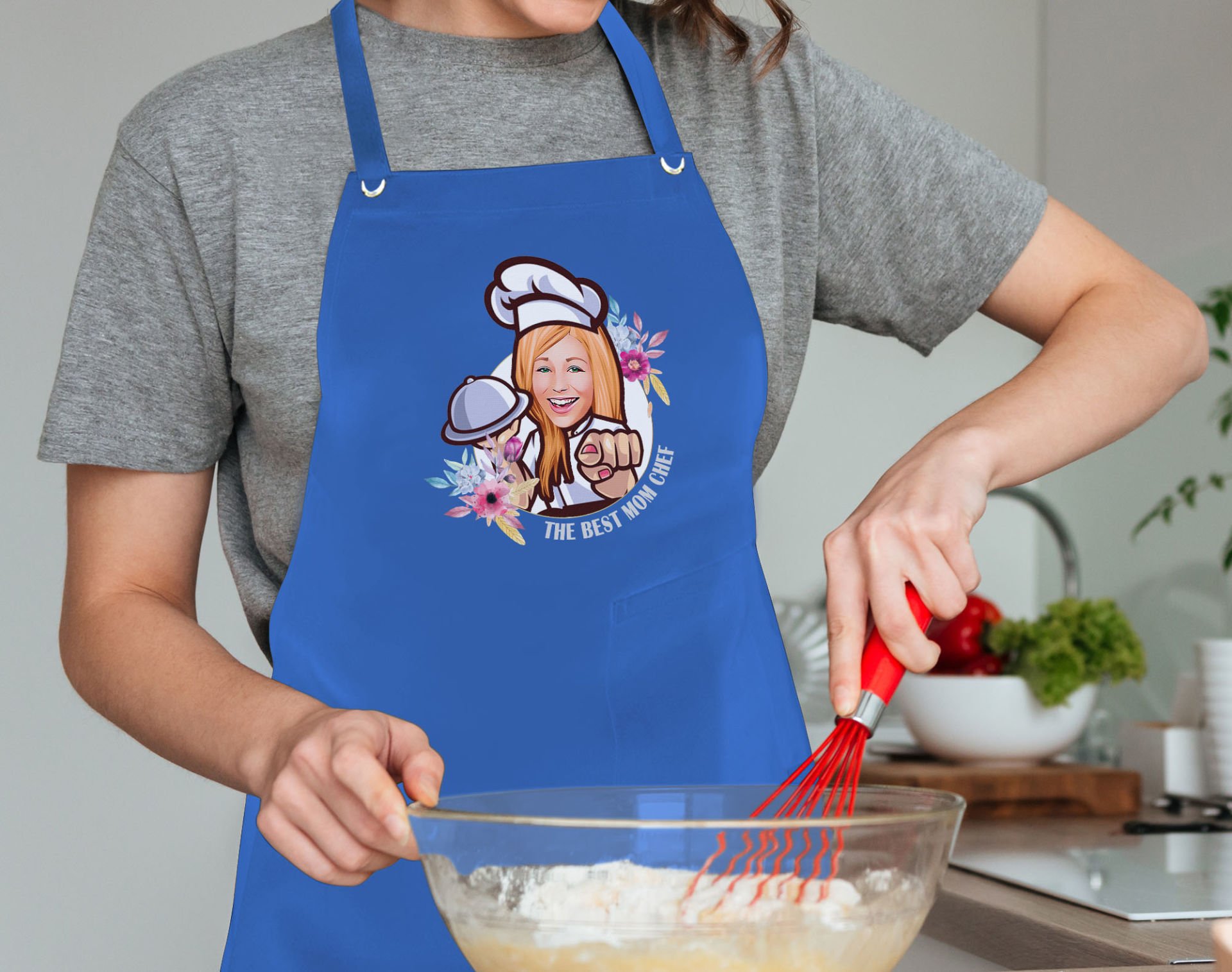 BK Gift Kişiye Özel Anneler Günü Karikatürlü Profesyonel Mavi Mutfak Önlüğü, Aşçı Önlüğü, Şef Önlüğü, Arkadaşa Hediye-10